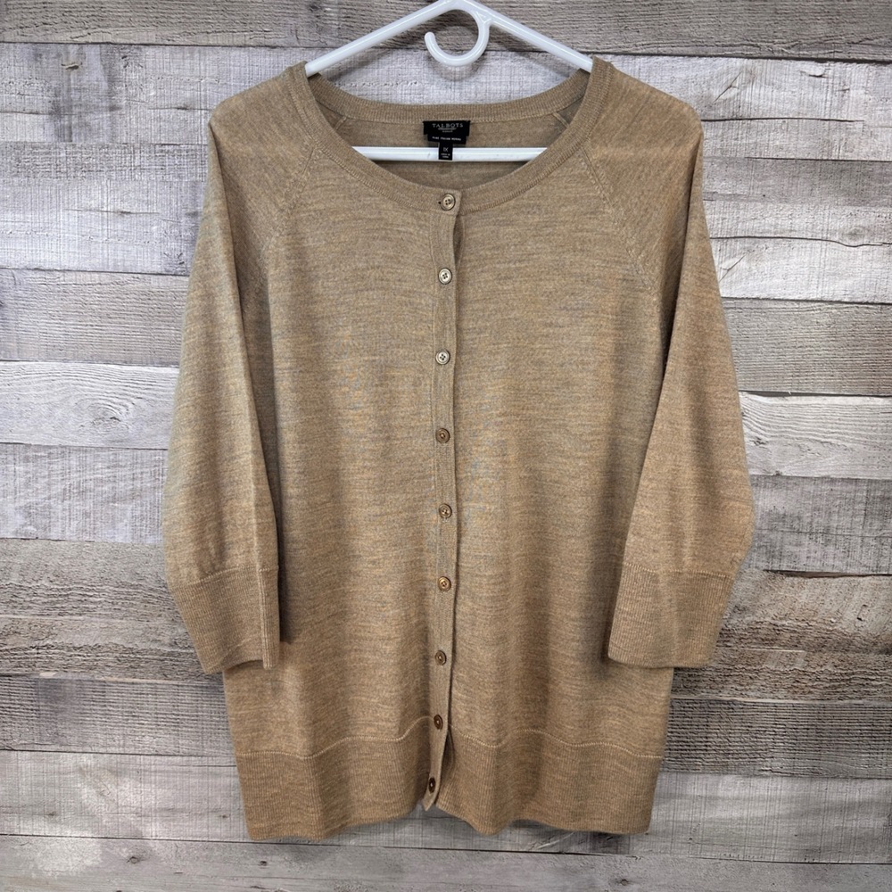 Talbots Woman Marled Camel Brown 100% Italian Merino Wool Cardigan Sweater sz 1X